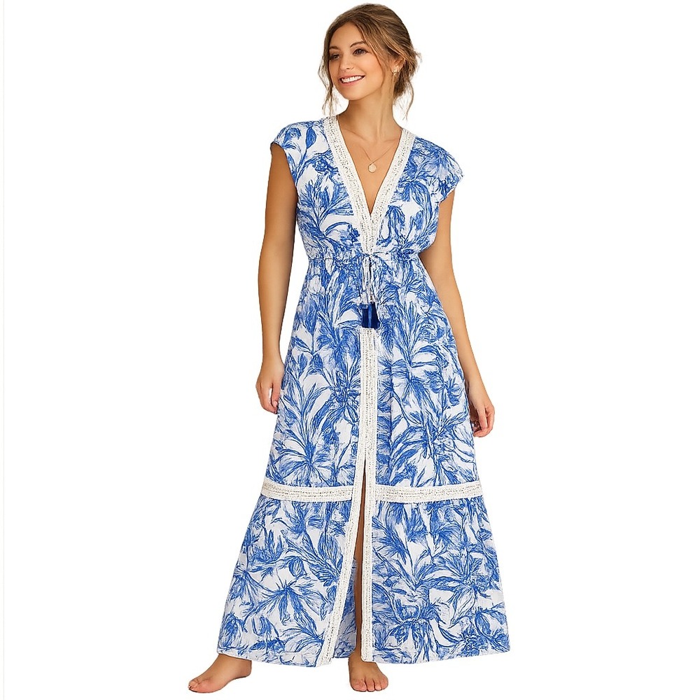 Blue Island Tropical Maxi Cover‎ Up Wmns M Blue White Coastal Crochet Lace Trim